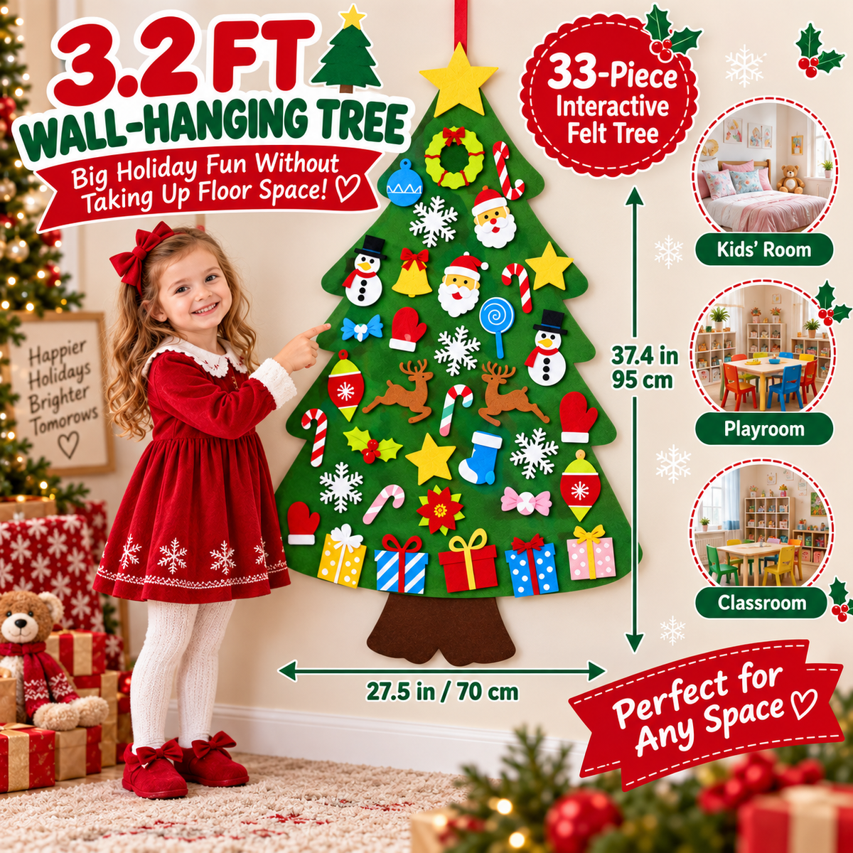 Felt Christmas tree wall hanging dimensions 37.4 by 27.5 inches