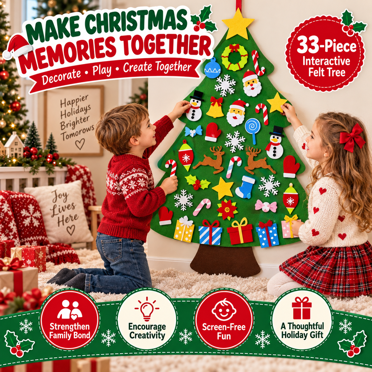 Kids decorating a 33-piece felt Christmas tree wall set in a cozy holiday room