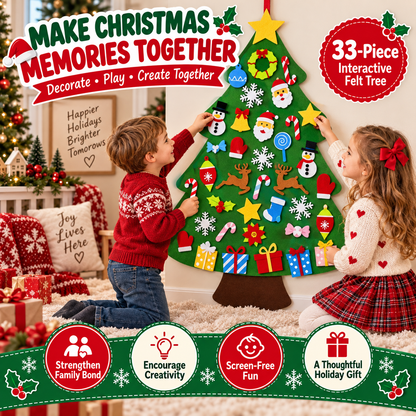 Kids decorating a 33-piece felt Christmas tree wall set in a cozy holiday room