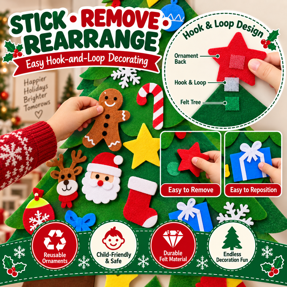 Hook and loop felt Christmas tree ornaments that stick remove and rearrange easily